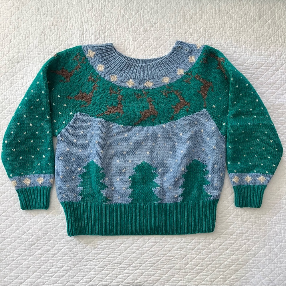 Green & Light Blue Woodland Crew Neck Sweater